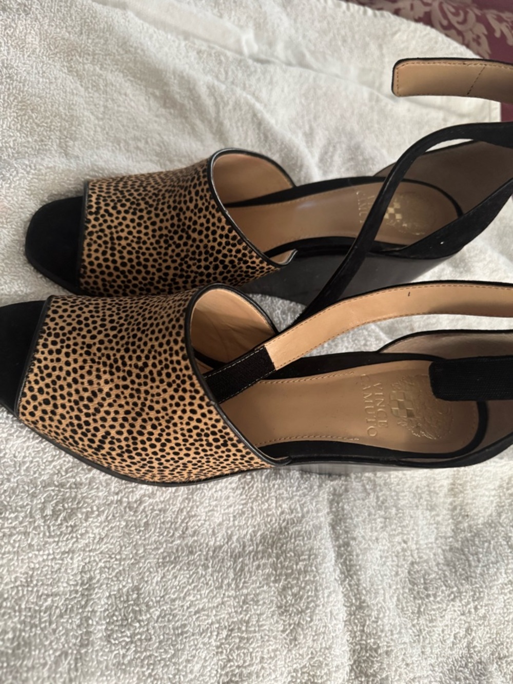 Vince Camuto Leopard-Print Peep Toe Wedge Sandals - Tan & Black